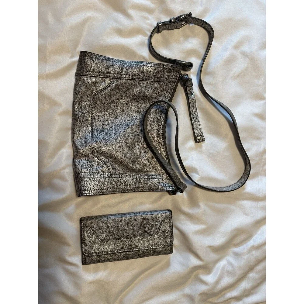 Frye Metallic Leather Crossbody Bag + Matching Wallet Pewter Silver Set